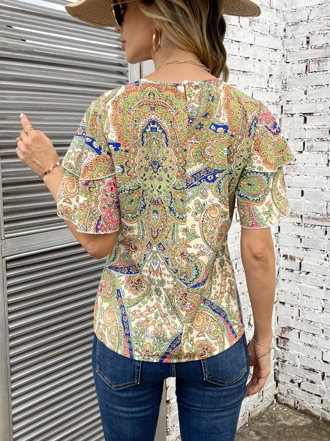 Printed Round Neck Short Sleeve Blouse