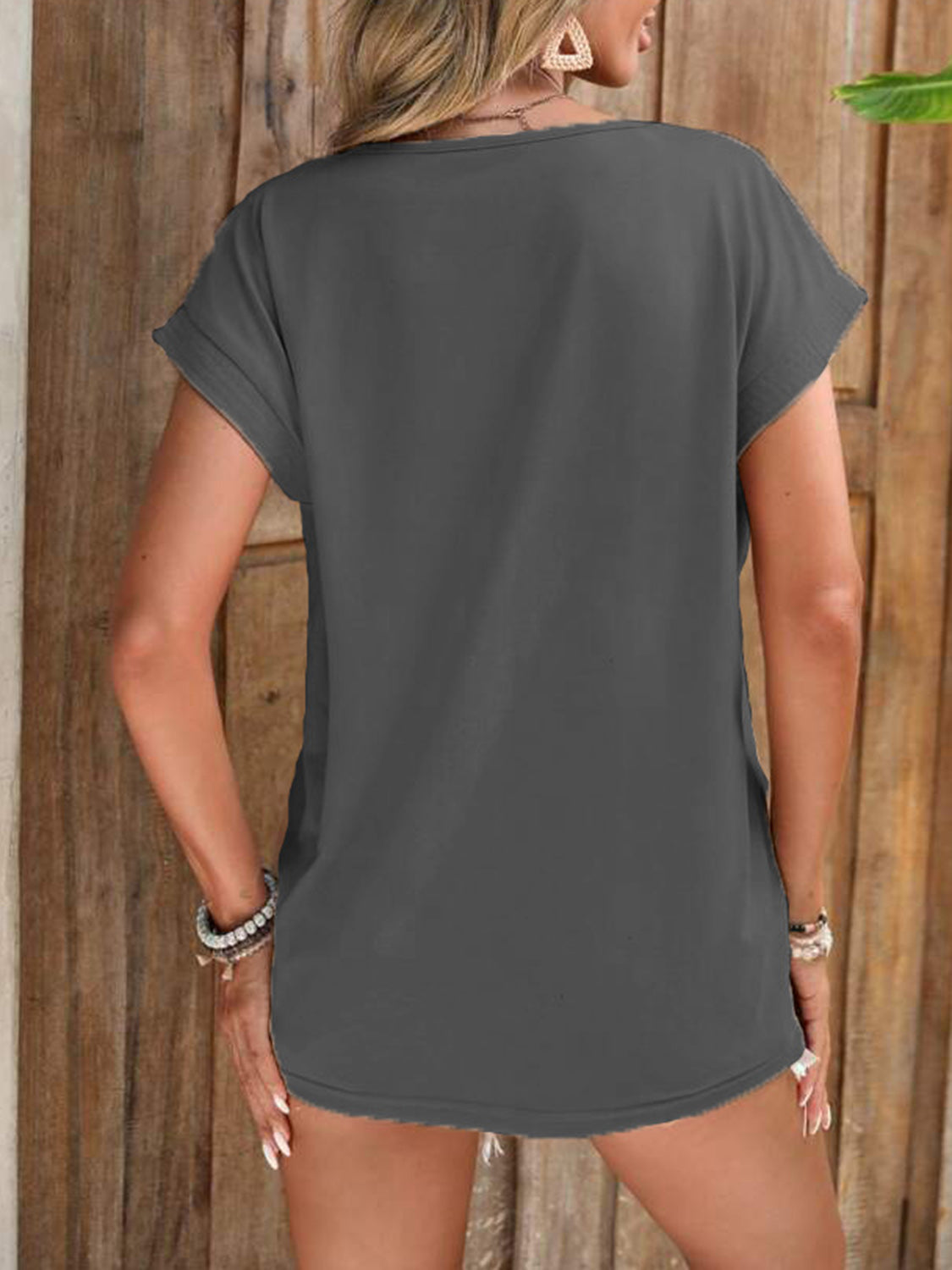 Decorative Button V-Neck Short Sleeve T-Shirt