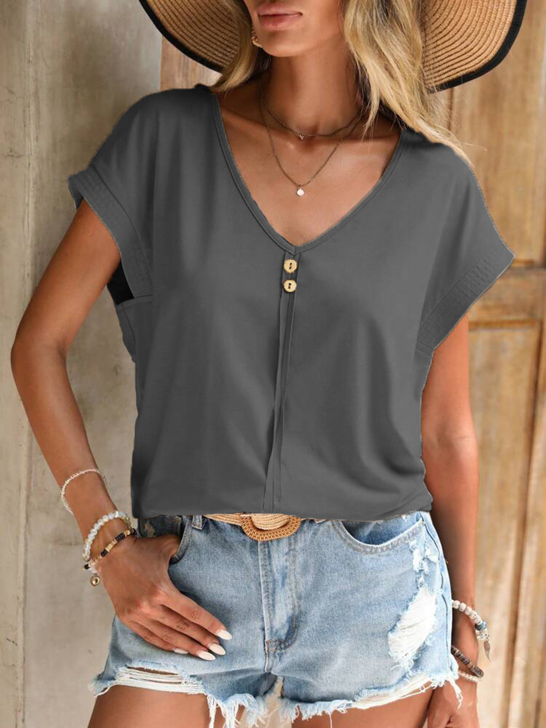 Decorative Button V-Neck Short Sleeve T-Shirt