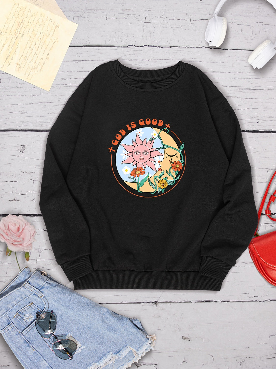 Graphic Round Neck Dropped Shoulder Sweatshirt