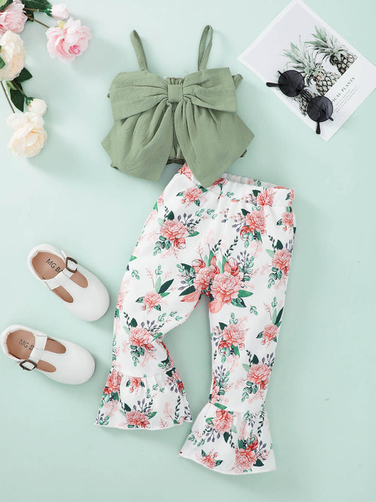 Girls Bow Detail Cami and Floral Flare Pants Set