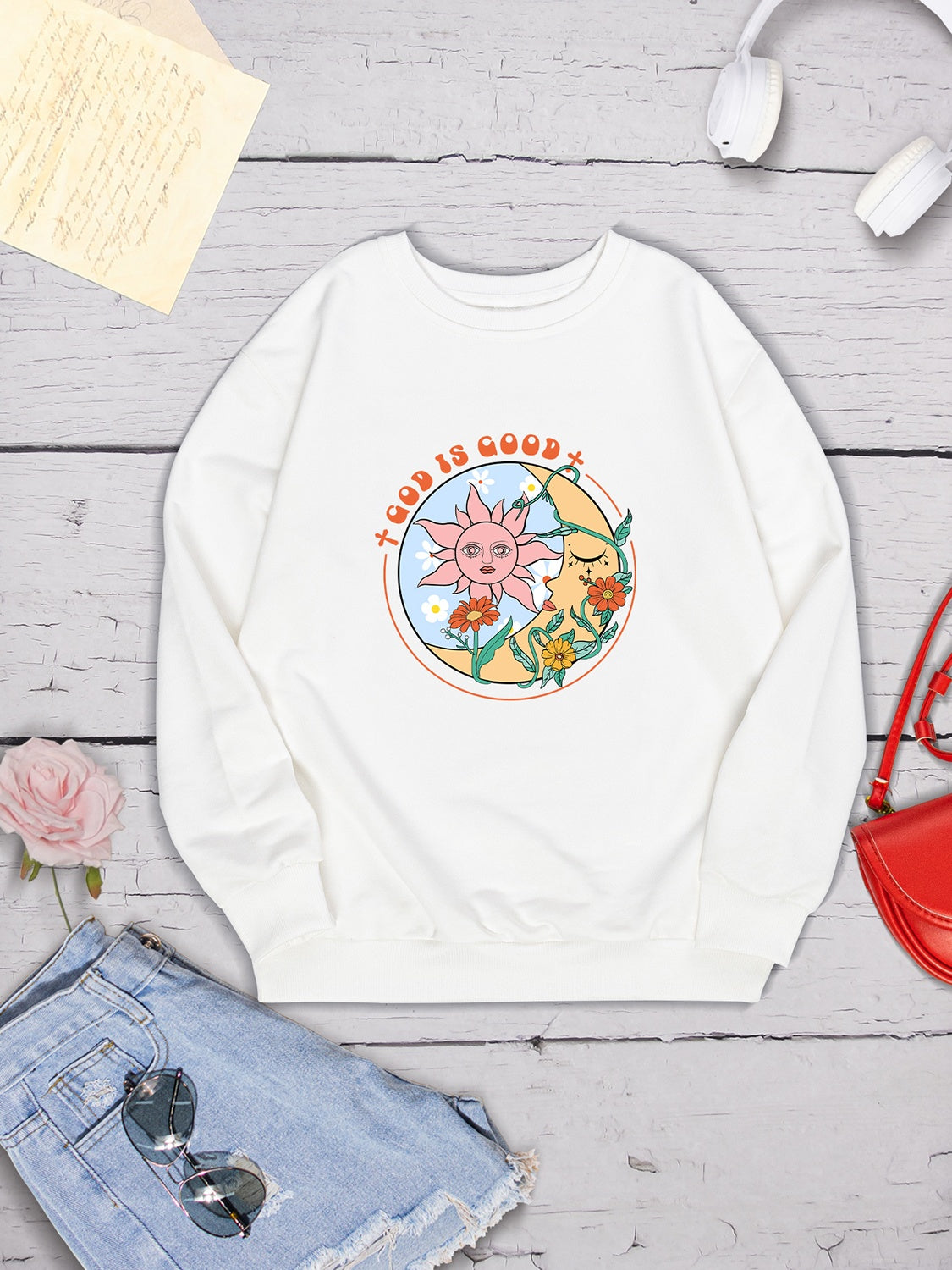 Graphic Round Neck Dropped Shoulder Sweatshirt