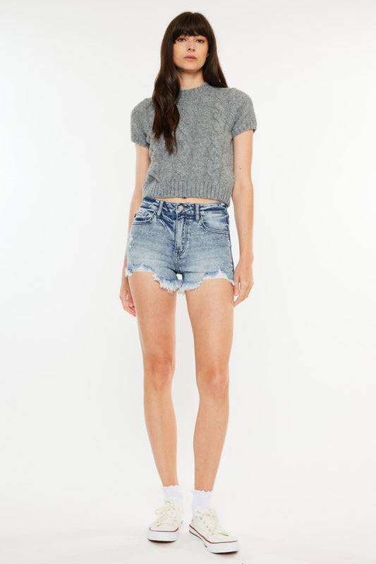 Kancan High Rise Frayed Hem Denim Shorts